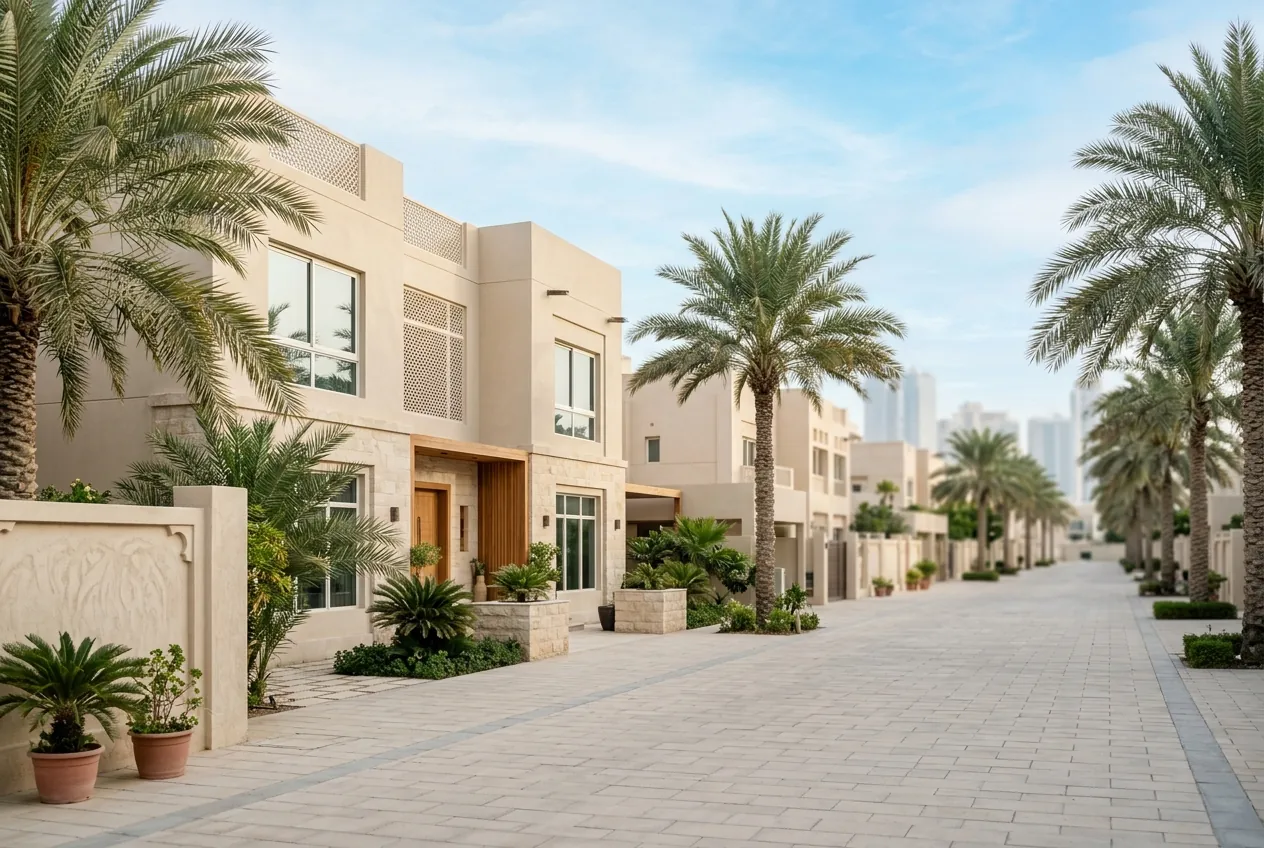 Paved residential street lined with modern beige villas and palm trees under a bright sky