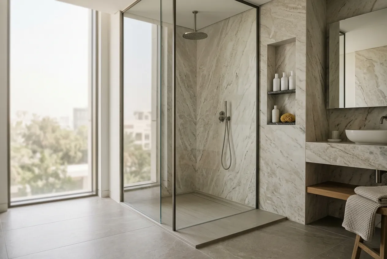 Modern marble bathroom featuring a walk-in glass shower enclosure next to a large floor-to-ceiling window