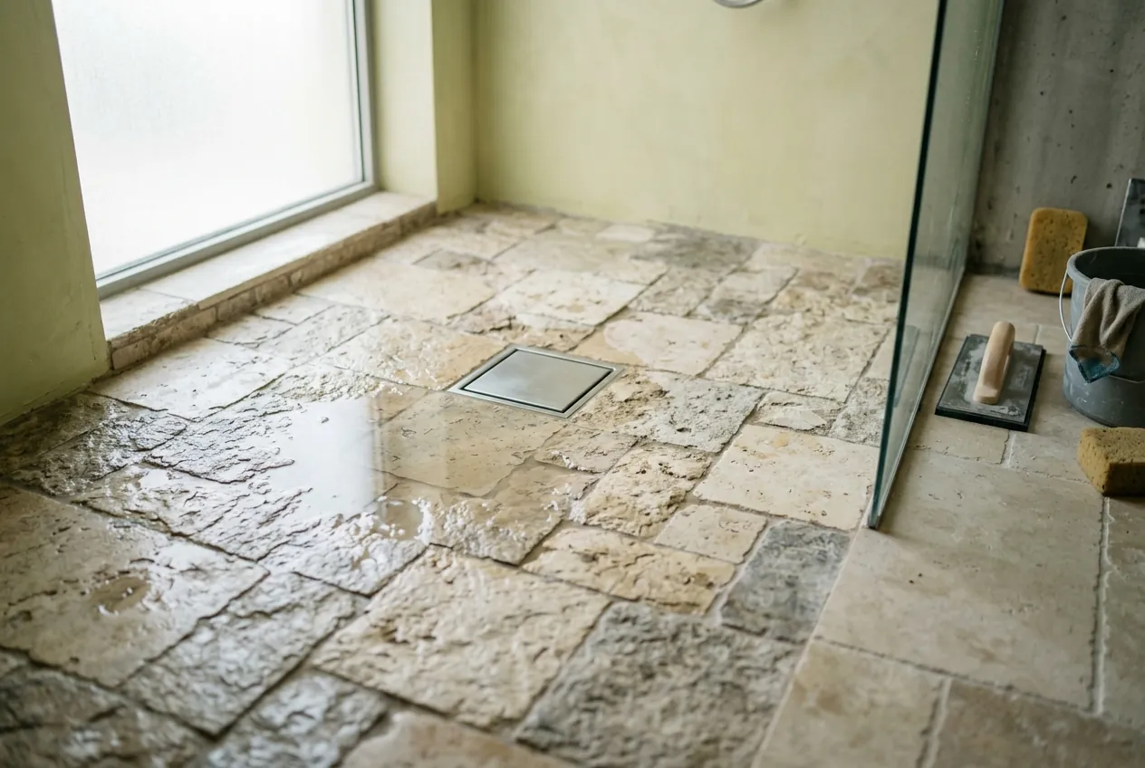 Uneven stone shower floor with standing water pooled near a square metal drain beside a glass partition