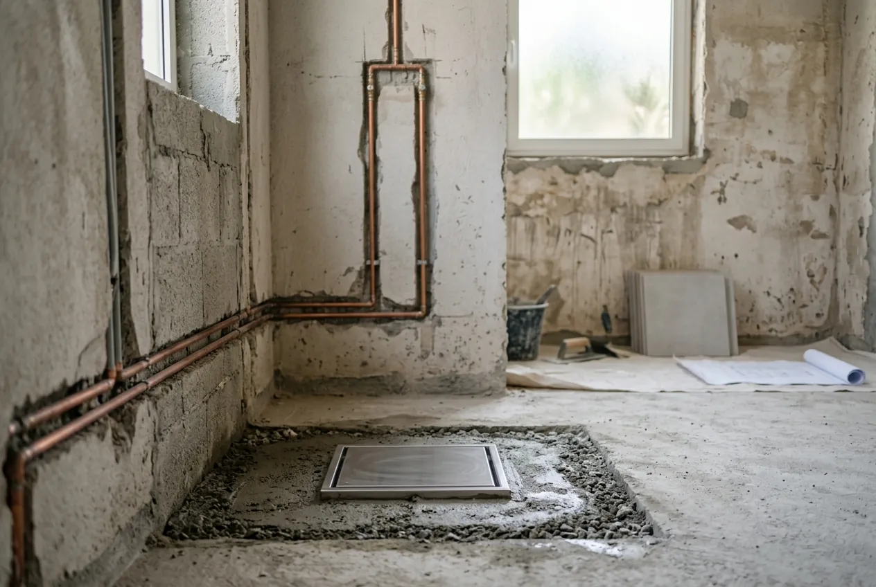 A stripped bathroom under renovation featuring exposed copper pipes on concrete walls and a newly set floor drain