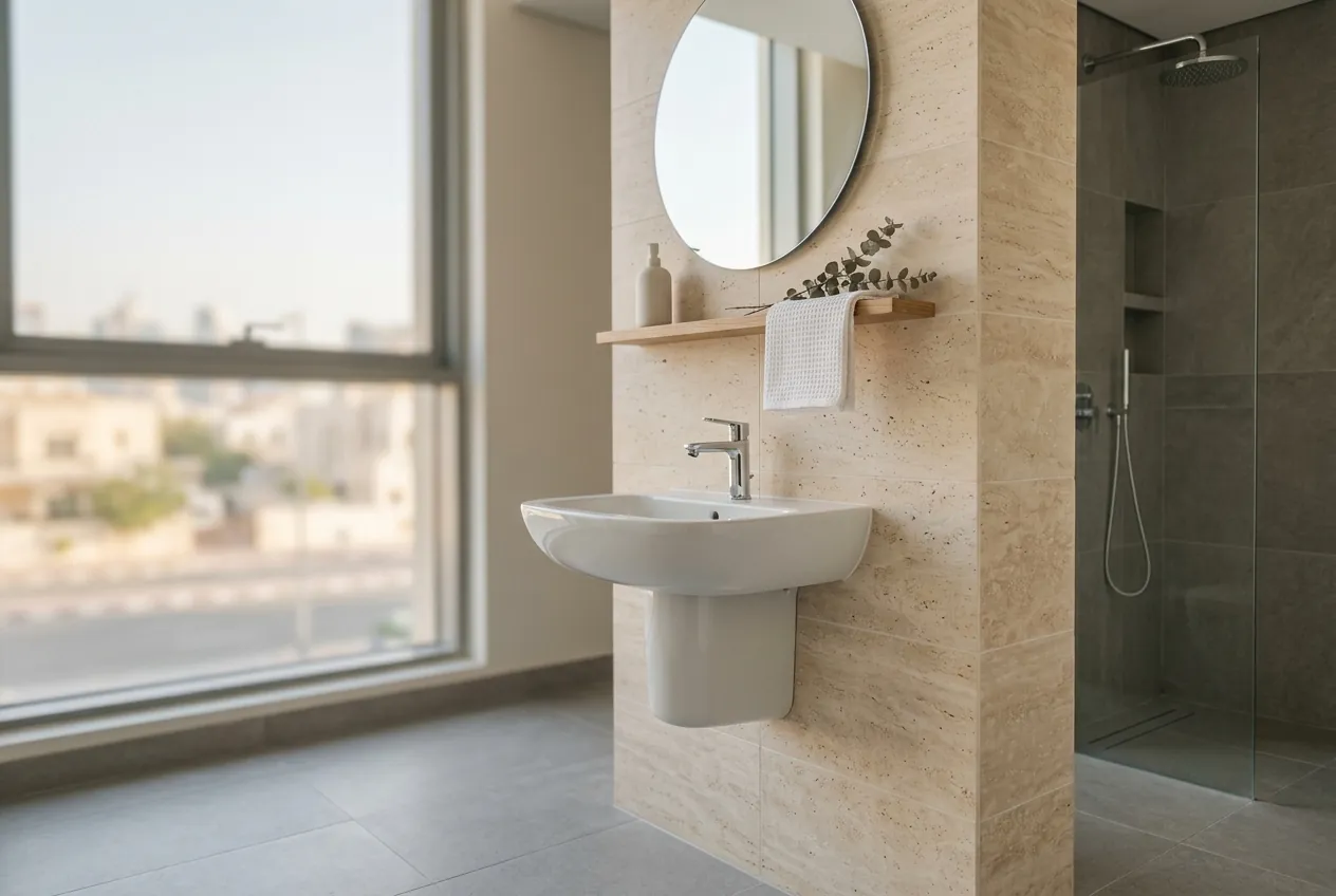 A modern tiled bathroom featuring a wall-hung basin, round mirror, and walk-in shower next to a large window
