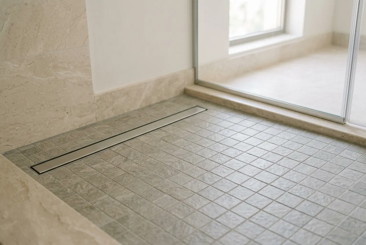 Textured gray mosaic floor tiles in a walk-in shower featuring a sleek stainless steel linear drain