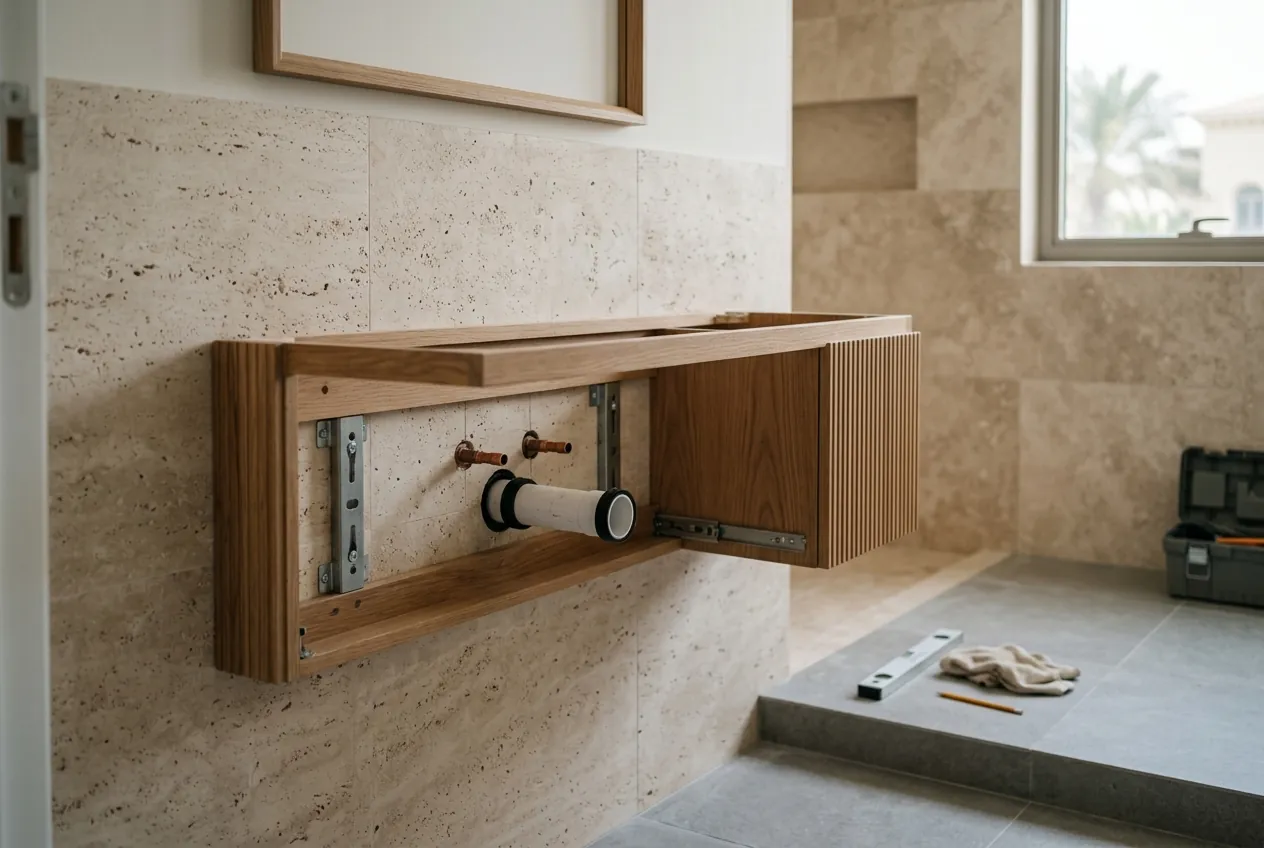 A wooden wall-hung vanity frame mounted on a tiled wall around rough plumbing during bathroom installation