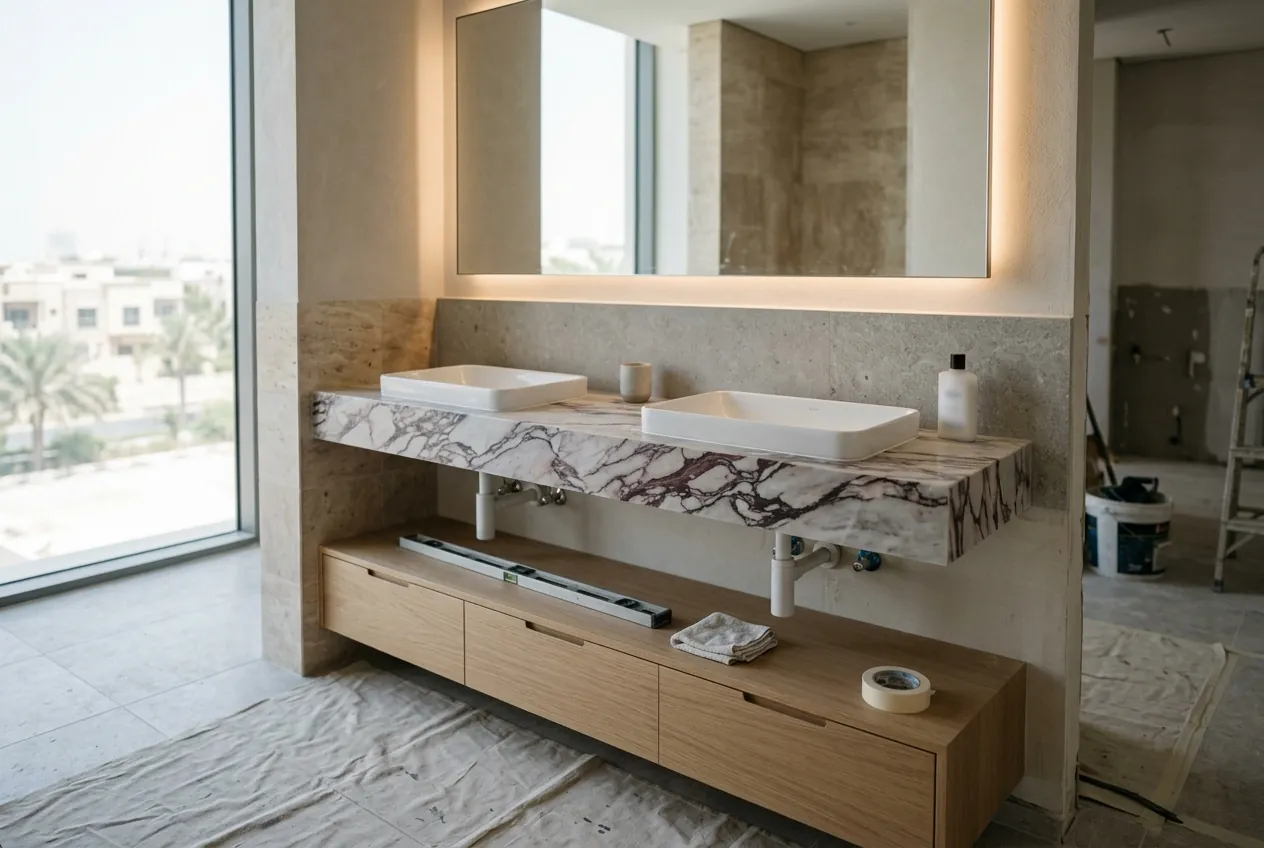 A marble double vanity with twin sinks and a backlit mirror installed in a bathroom undergoing renovation