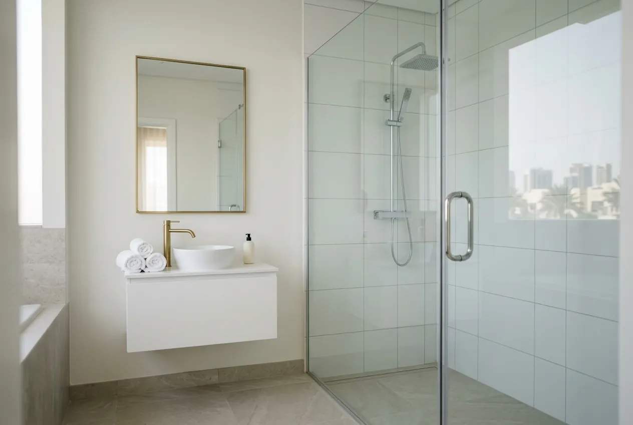 Modern bright bathroom featuring a white vanity with gold faucet, framed mirror, and a glass walk-in shower