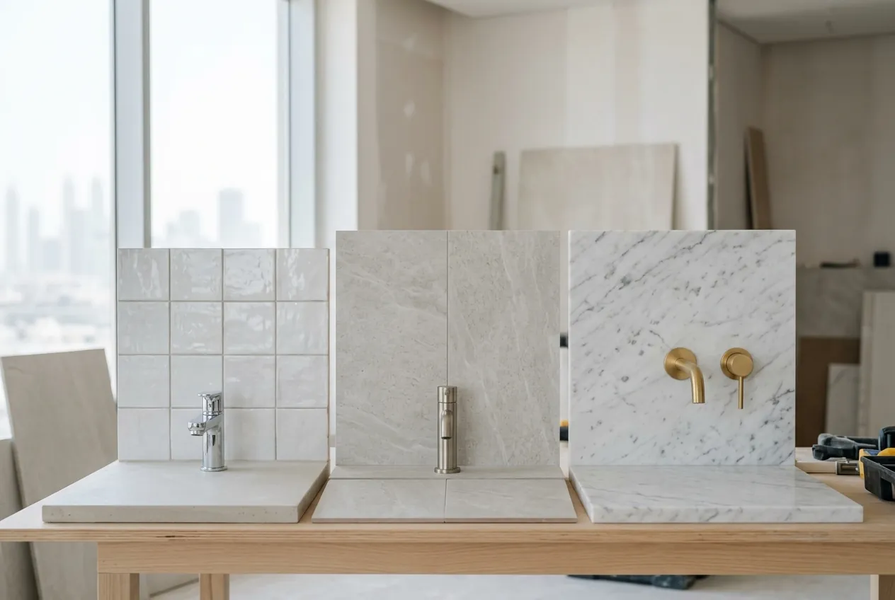 Three bathroom tile and faucet material sample displays arranged side by side on a wooden table in an apartment