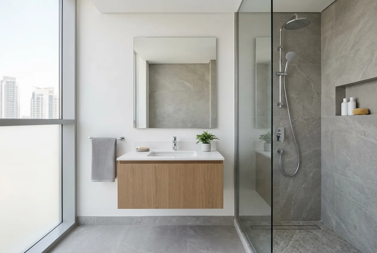 Modern bathroom featuring a floating wood vanity, large mirror, and a glass-enclosed shower with grey tiles