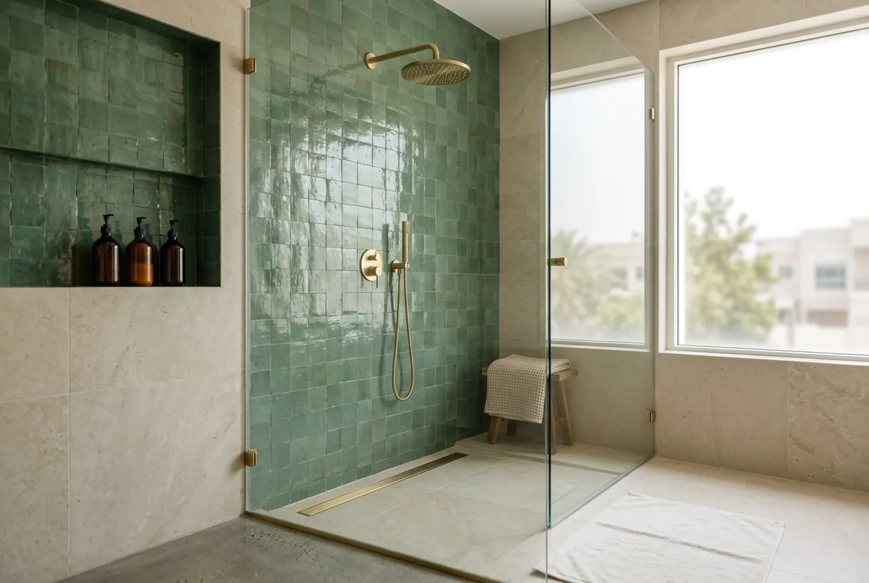 A modern walk-in shower with green zellige wall tiles, brass hardware, and a glass partition next to a large window