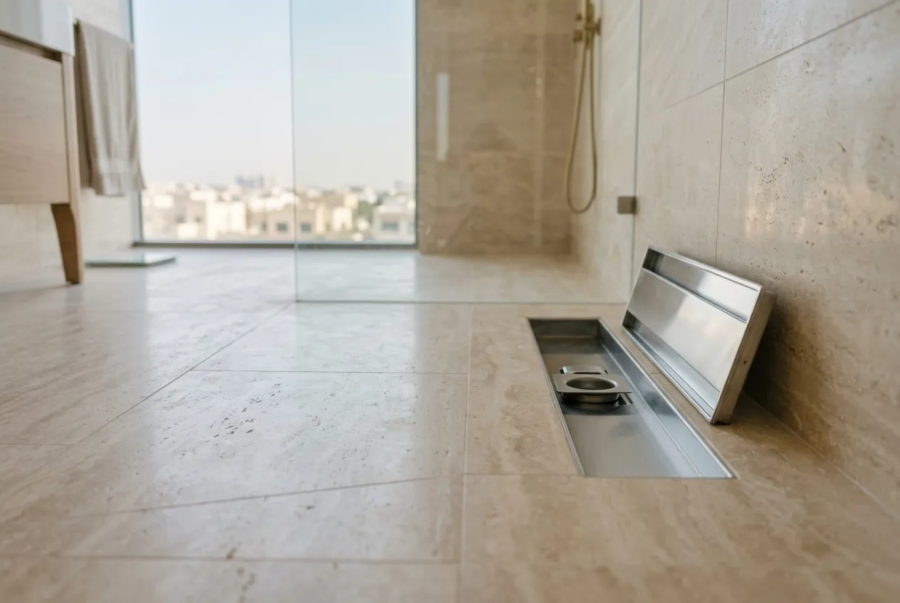 A stainless steel linear shower drain with its cover lifted open on a modern beige tiled bathroom floor