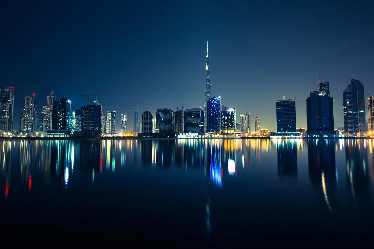 The Dubai skyline at night reflected in still water