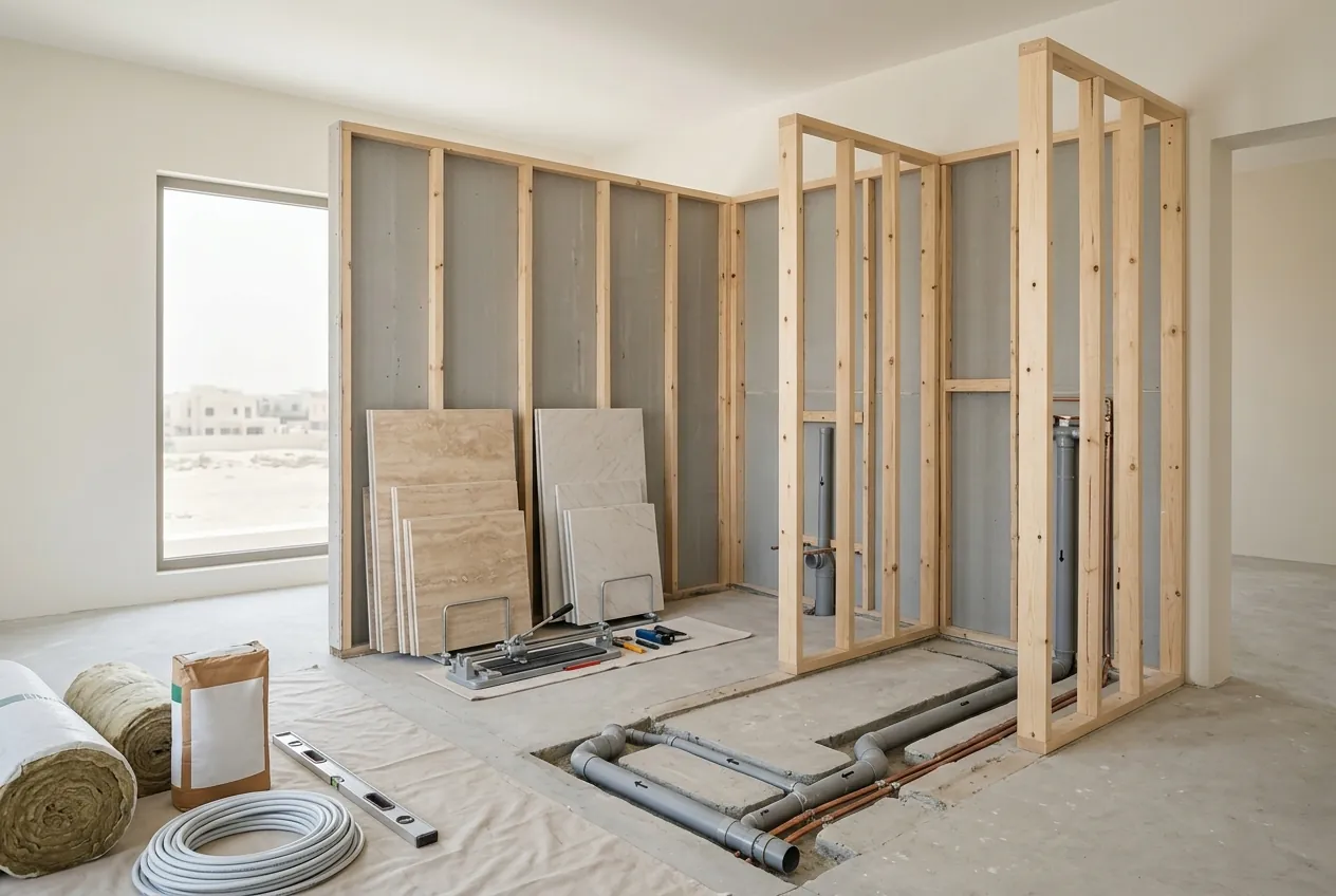 Timber stud framing and exposed plumbing rough-ins during an ensuite bathroom installation