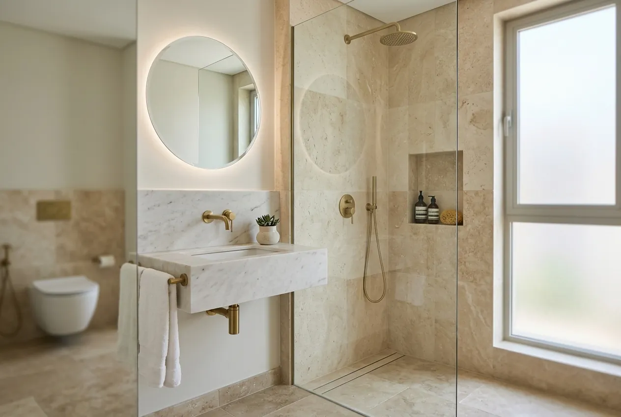 Compact modern bathroom featuring travertine tiles, a walk-in shower, brass fixtures, and a floating marble sink