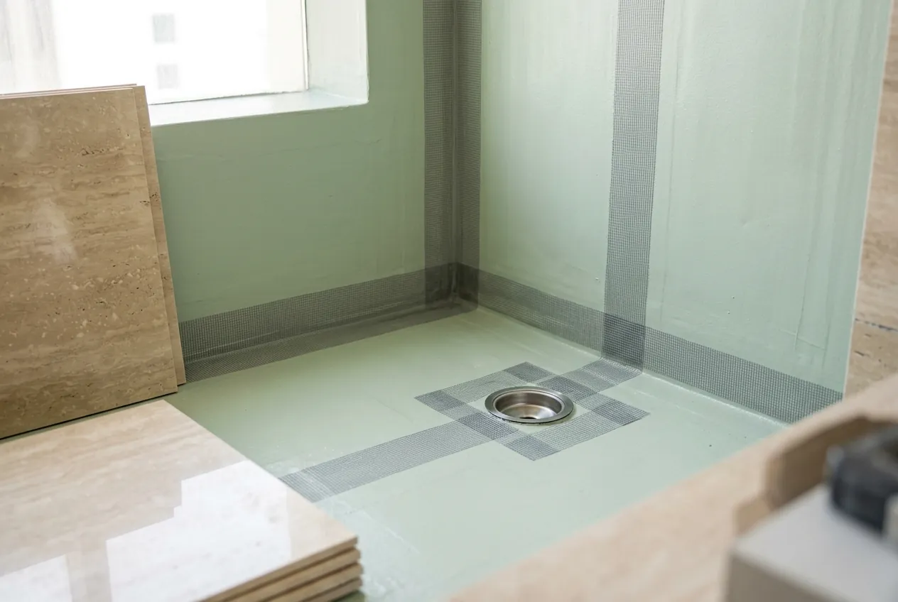 Waterproofing membrane and reinforcement mesh tape applied to a shower stall base beside stacked tiles