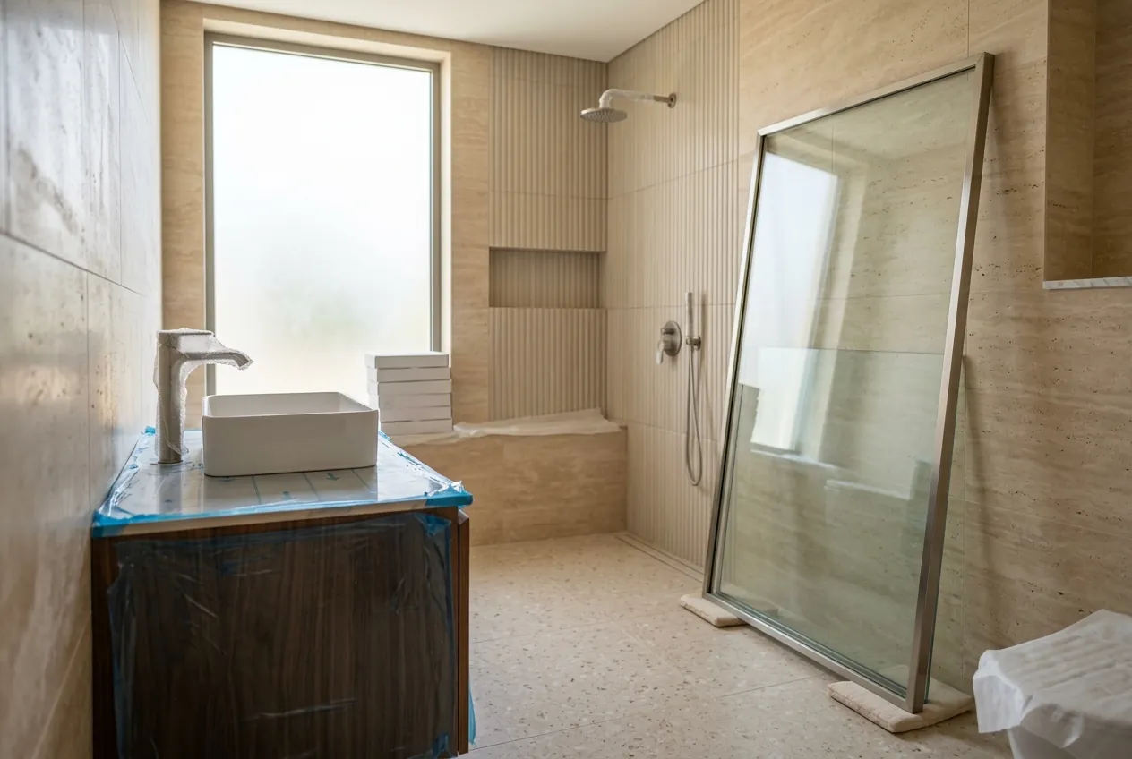 A modern bathroom undergoing renovation with tiled walls, a wrapped vanity, and framed shower glass leaning nearby