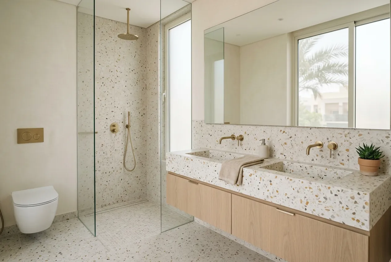 Modern bright bathroom featuring terrazzo tiles, a pale oak double vanity, brass fixtures, and a glass walk-in shower