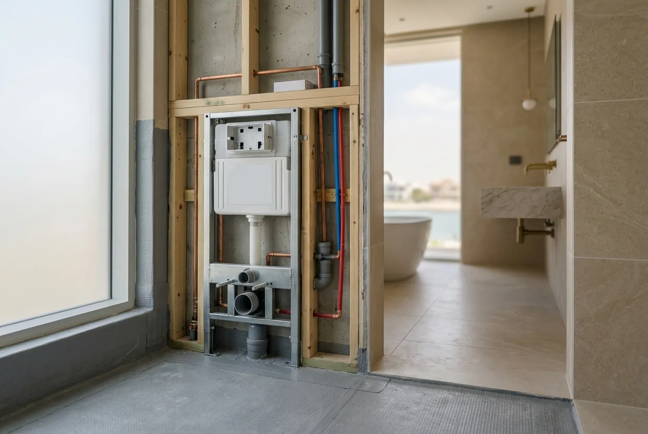 Exposed wall framing with a concealed toilet cistern and plumbing pipes beside a modern tiled bathroom