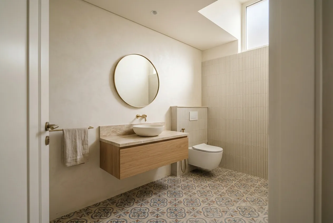 Modern powder room with patterned floor tiles, floating wood vanity, round mirror, and wall-hung toilet