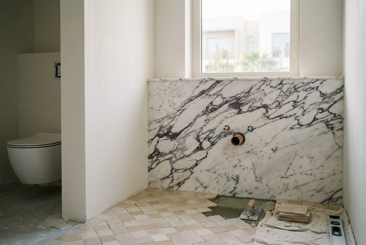 Powder room under renovation featuring partially laid floor tiles, marble wall cladding, and rough-in plumbing
