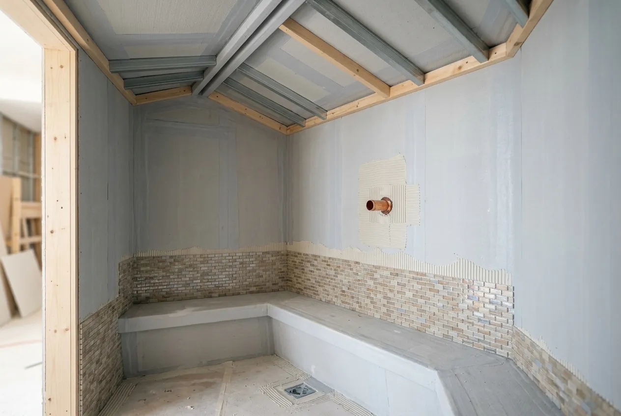 Steam room under construction with waterproof walls, a built-in bench, sloped ceiling framing, and steam outlet