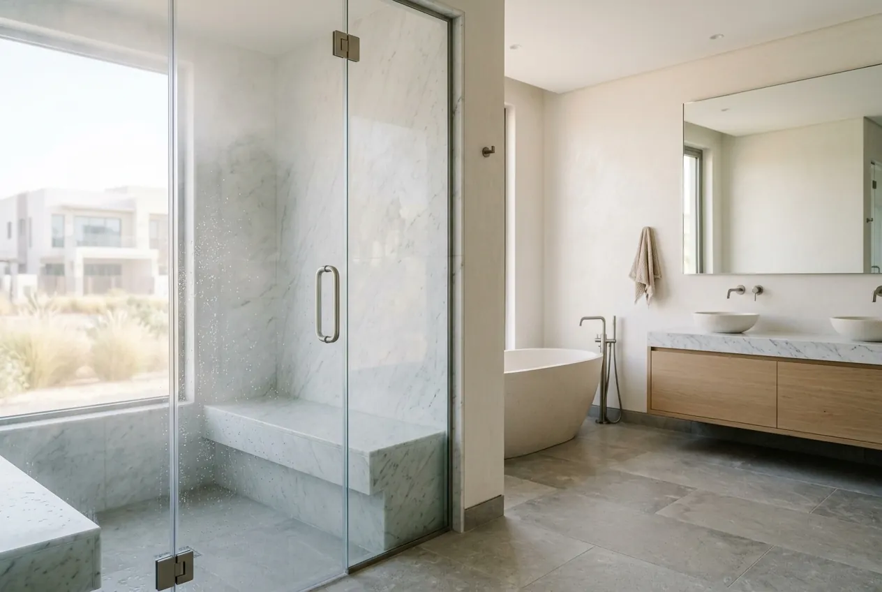 Marble steam room with a frameless glass door adjacent to a luxury villa master bathroom with bathtub and vanity