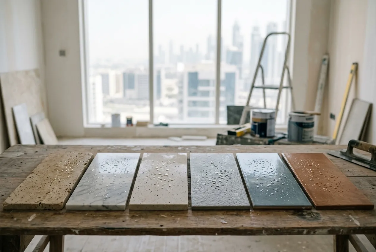 Six rectangular tile samples with water droplets sit on a wooden workbench inside an apartment under renovation