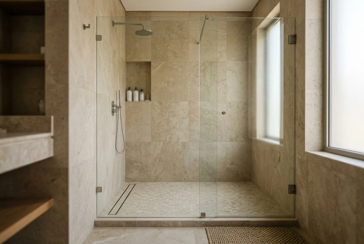 A walk-in shower with limestone tiles, glass panels, a linear drain, and a recessed wall niche