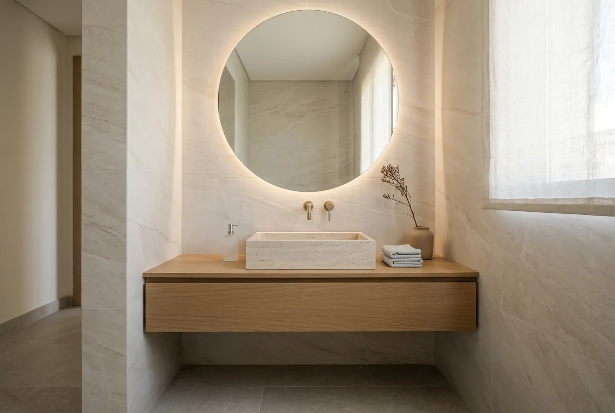 Modern powder room featuring a stone vessel sink on a floating wood vanity with an illuminated round mirror