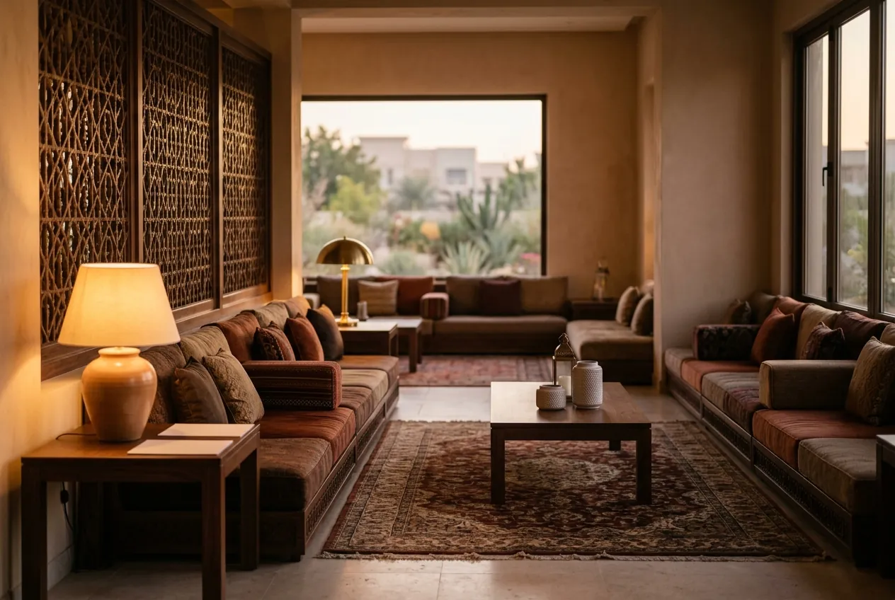 A villa majlis featuring low cushioned seating, carved wooden screens, Persian rugs, and warm ambient lamplight