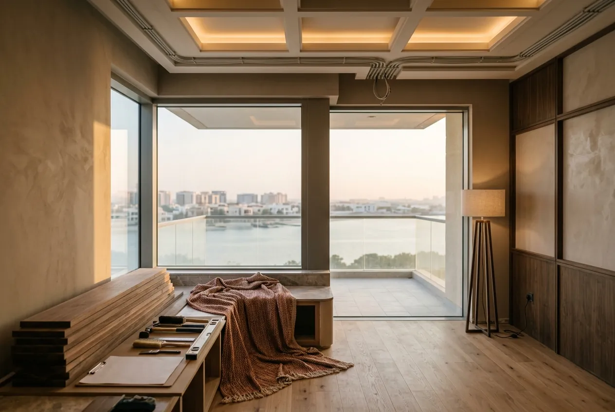 An interior room under renovation with large windows looking out over a waterfront district at golden hour