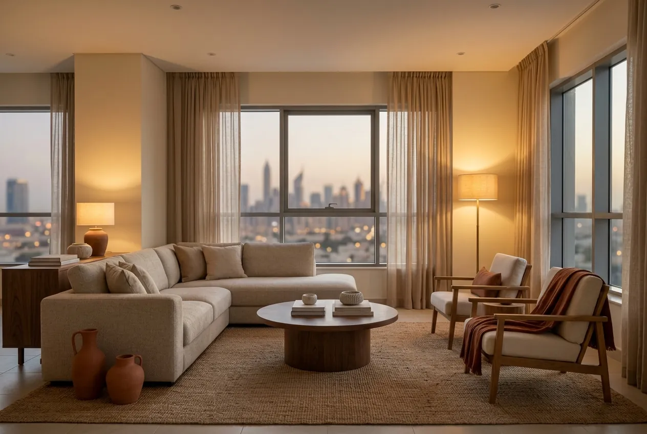 Warm neutral apartment living room featuring a sectional sofa, wooden armchairs, jute rug, and city views at dusk