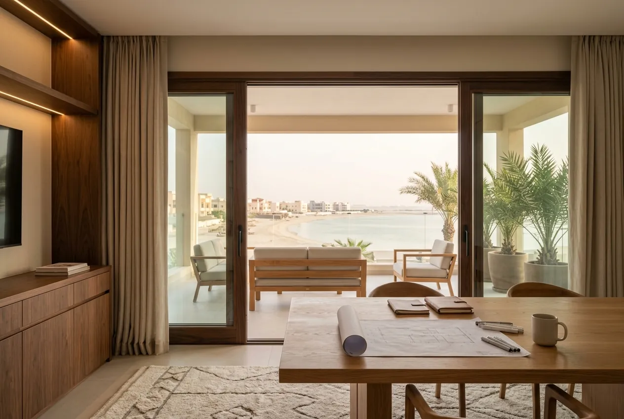 A modern room with a wooden table overlooking a balcony with coastal views and palm trees