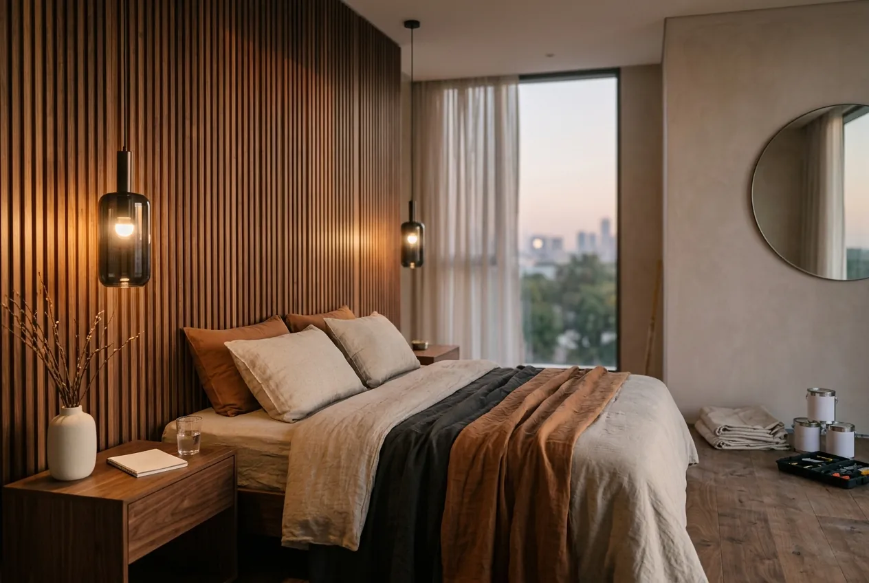 A modern bedroom featuring a wood-slatted accent wall, hanging bedside pendants, and layered linen bedding