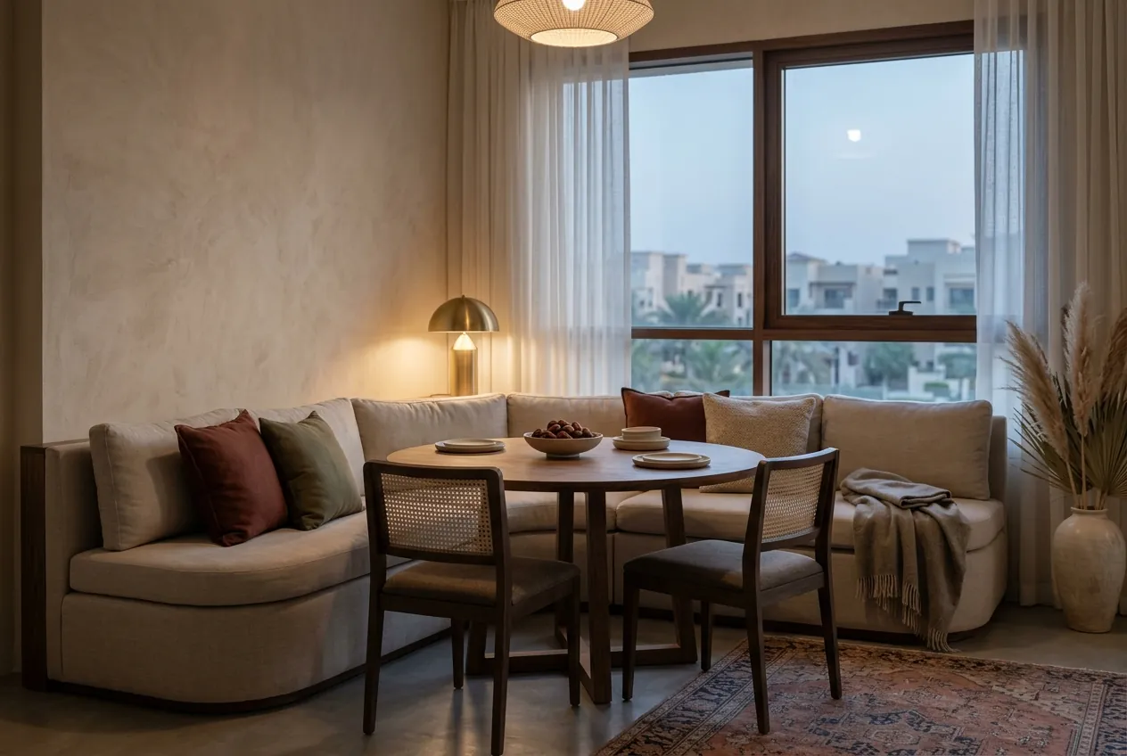 A dining nook with an L-shaped banquette, round wooden table, two cane chairs, and sheer curtains by a window
