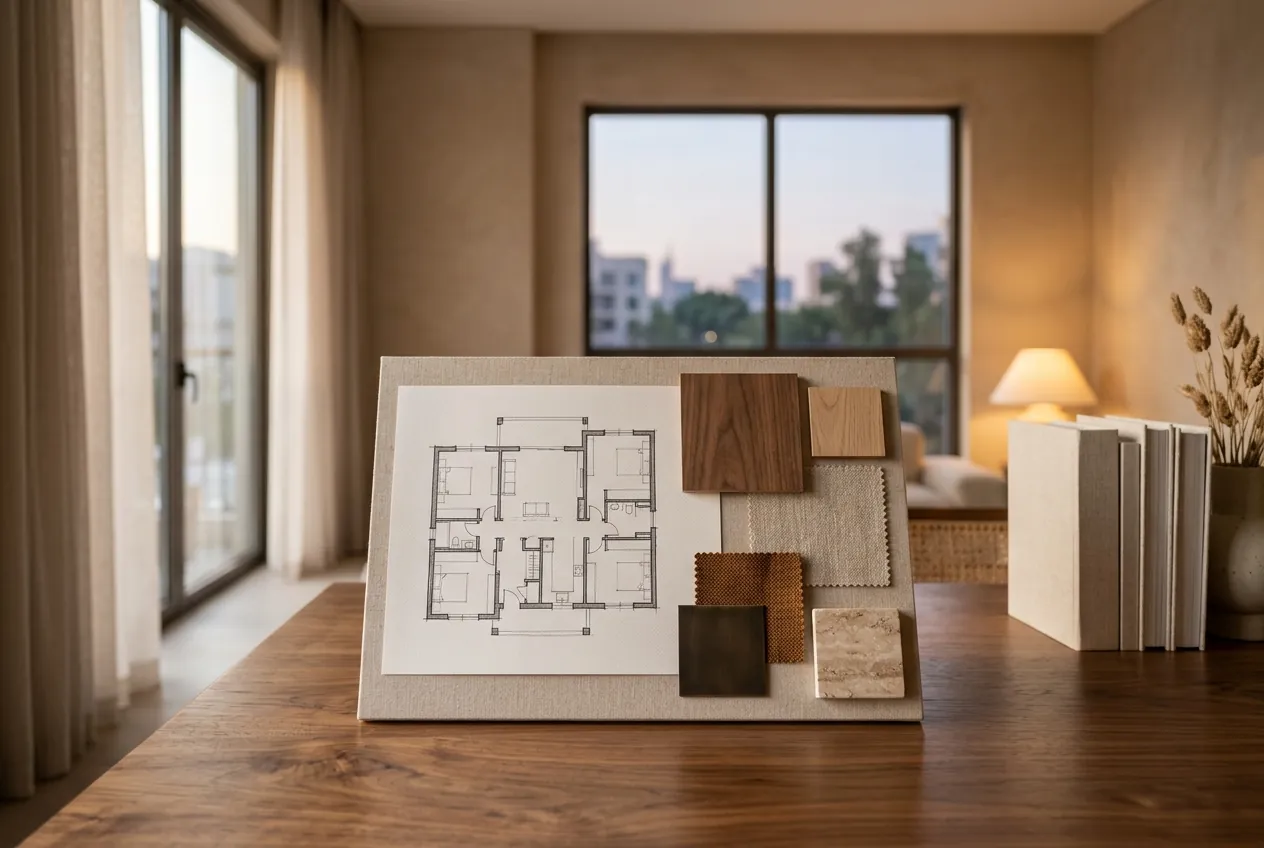 A mood board with a sketched floor plan and material swatches rests on a wooden table in a bright room