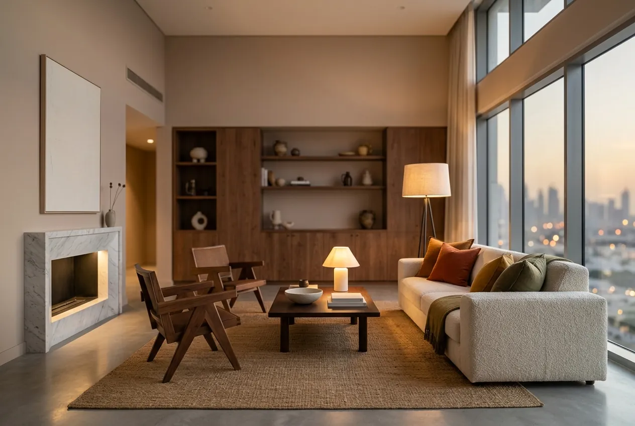 Modern living room featuring a sofa, armchairs, coffee table, built-in shelving, and large city-view windows