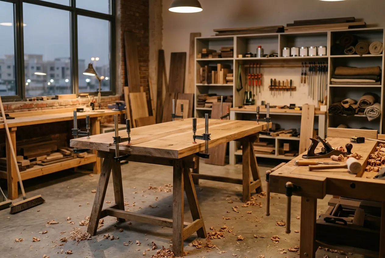 A wooden dining table clamped on sawhorses in a carpentry workshop with shavings on the floor