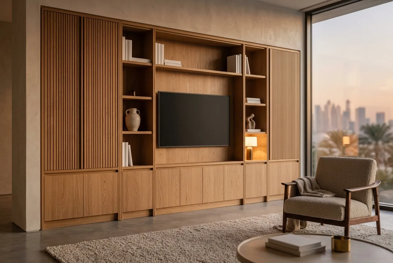 Built-in oak media wall with a mounted TV, display shelves, and cabinetry beside a large window and armchair