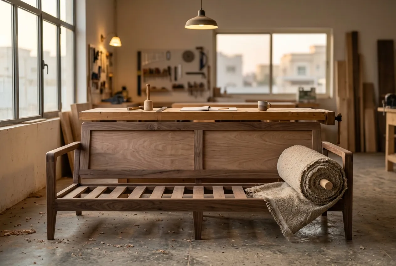 A wooden sofa frame sits in a carpentry workshop with a roll of textured upholstery fabric on its seat