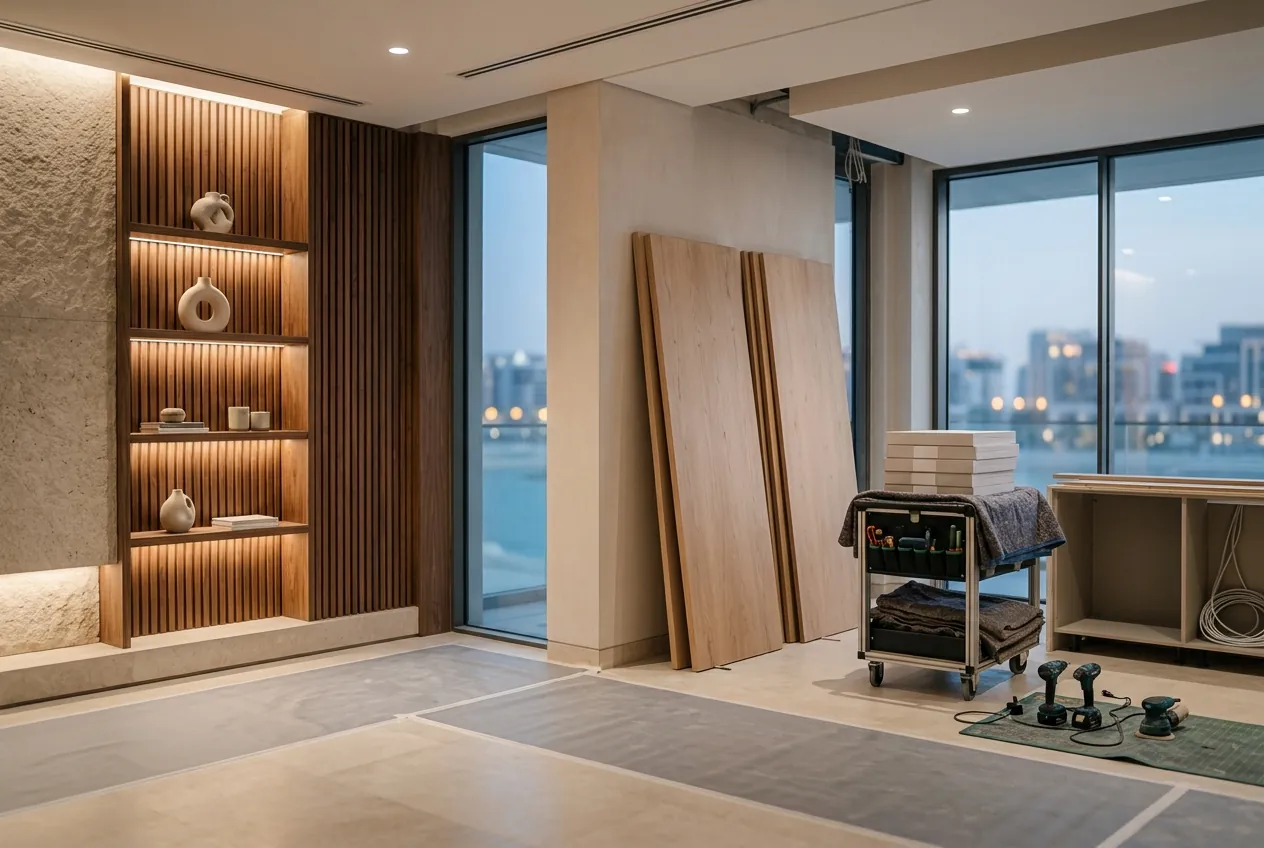 A modern interior under renovation with finished wooden shelving, tools, and protective floor covering
