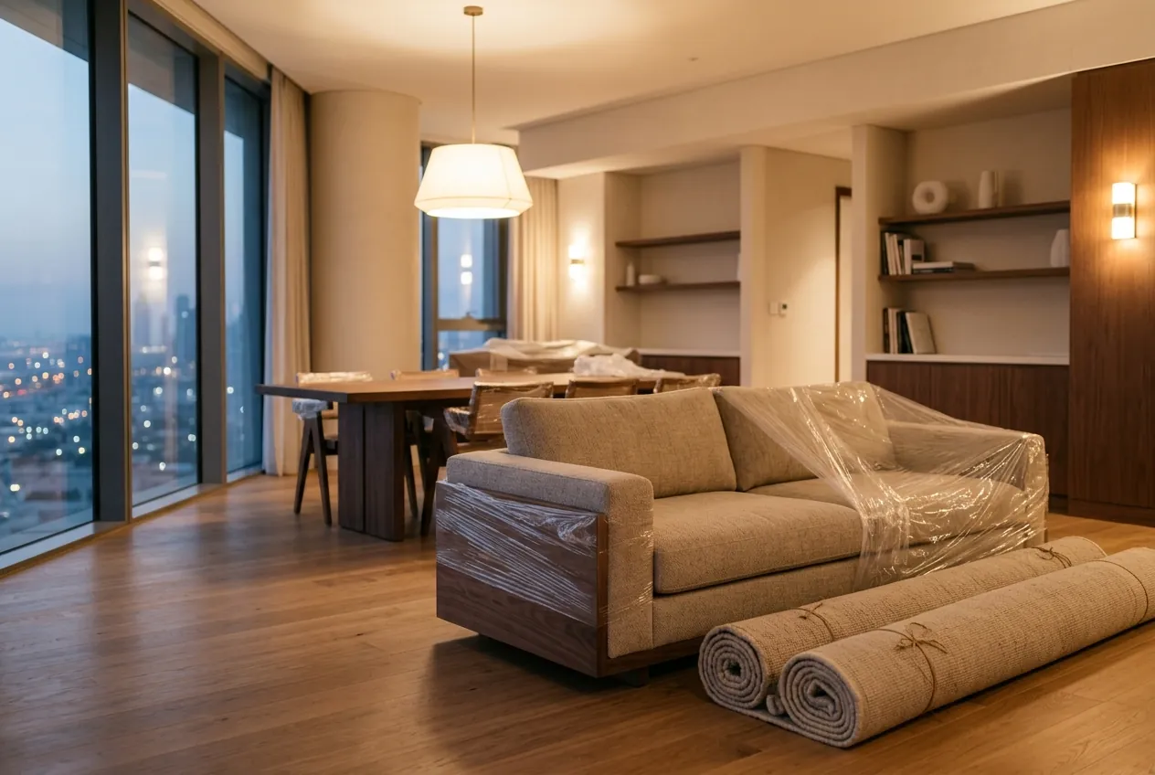 A modern living room featuring a partially plastic-wrapped sofa and rolled rugs resting on the wooden floor