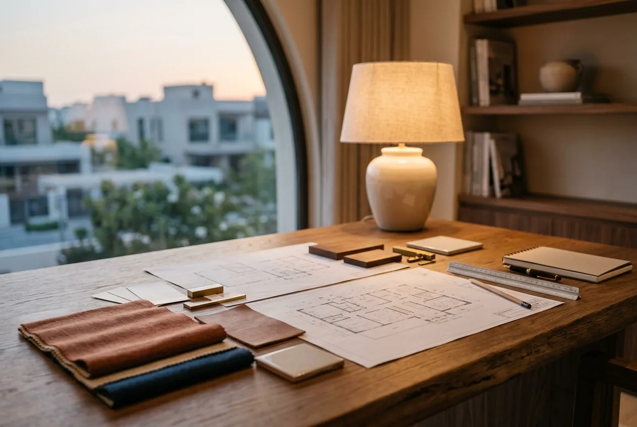 Architectural blueprints, fabric swatches, and material samples rest on a wooden desk near a lamp and window
