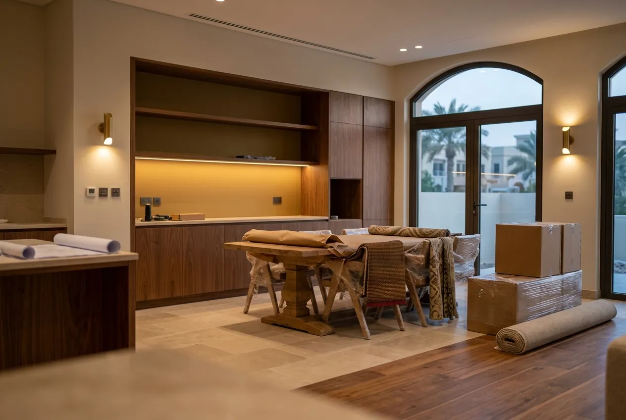 A renovated dining area with custom wooden joinery, wrapped furniture, and delivery boxes mid-installation