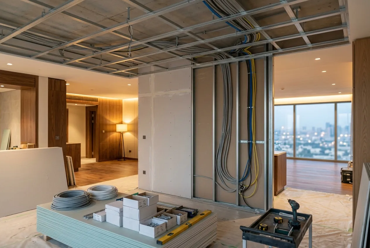 Apartment renovation in progress with ceiling framing, partition wall wiring, and drywall materials on the floor