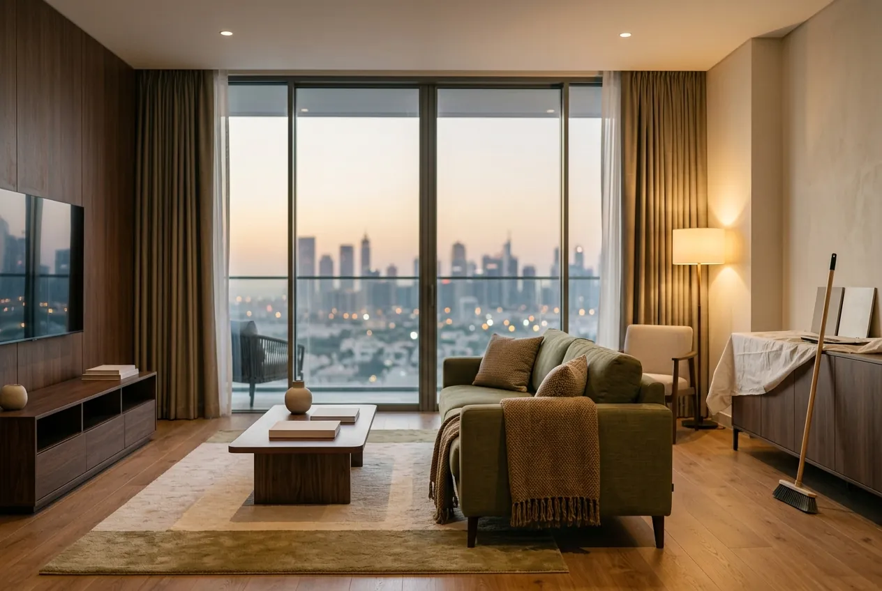 Modern living room with walnut accents, an olive green sofa, and large windows overlooking a city skyline at sunset