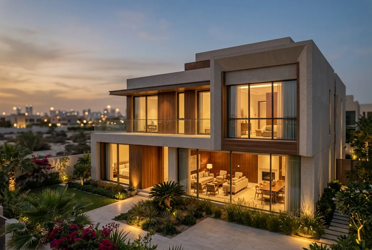 A modern two-story luxury villa illuminated at dusk with large glass windows and a landscaped garden