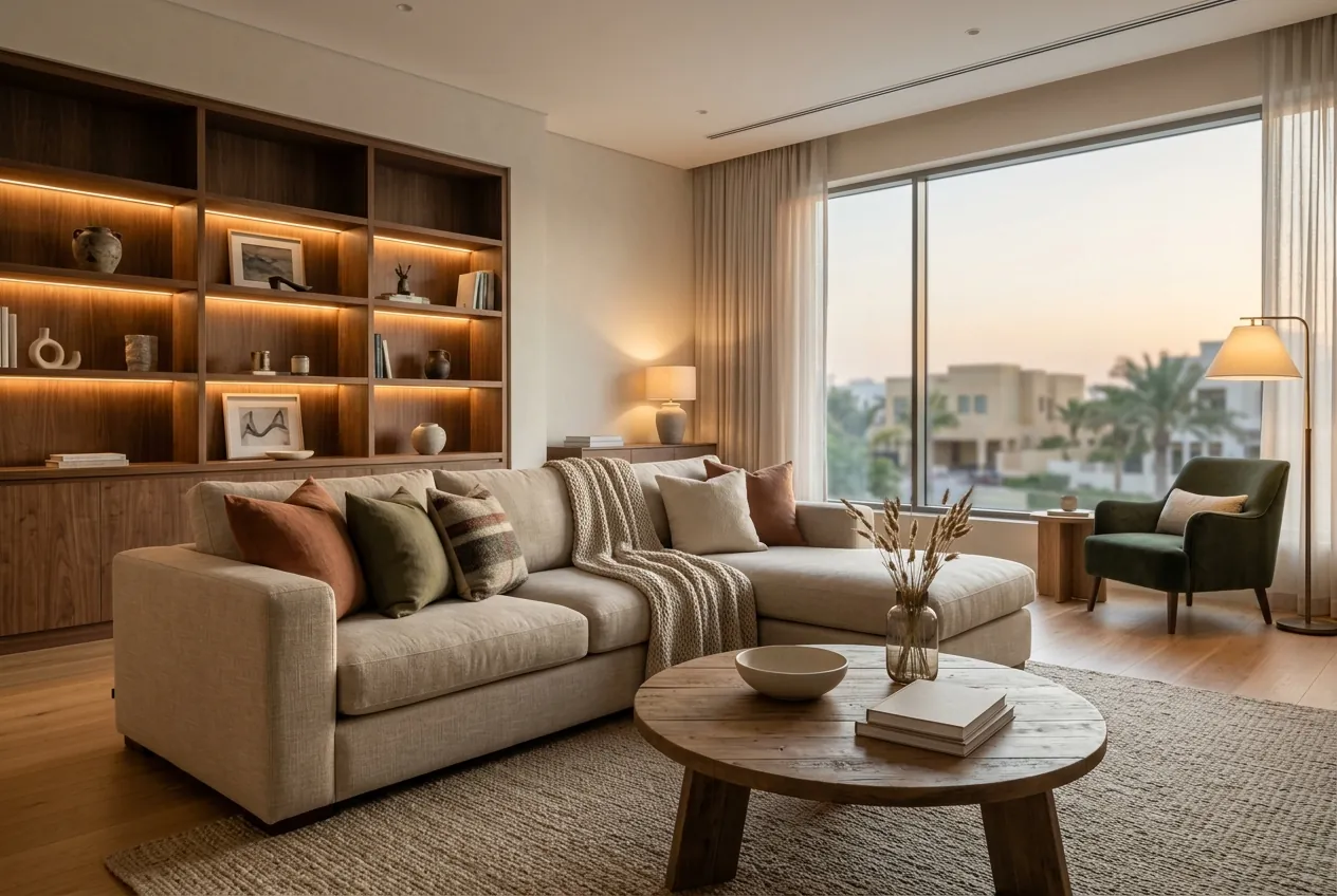Modern living room with a neutral sectional sofa, backlit wooden shelving, and a reading chair by a large window