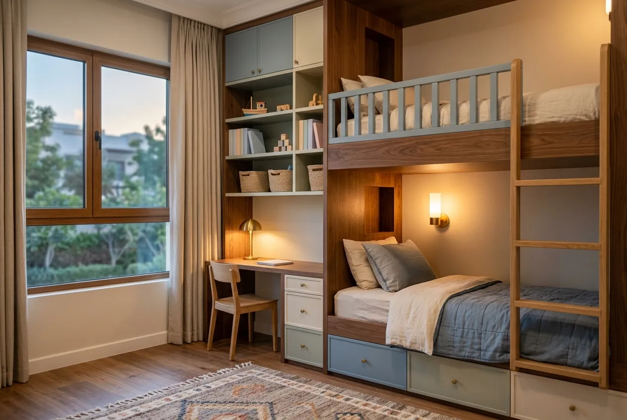 A child's bedroom featuring custom wooden bunk beds with built-in shelving, a desk, and pastel storage drawers