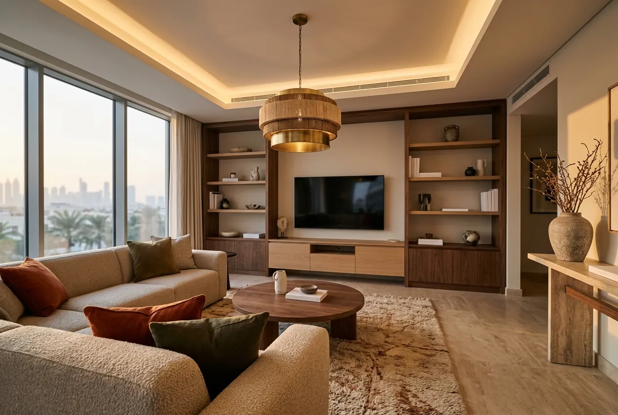 Modern living room featuring built-in wood shelving, a cove ceiling with warm lighting, and a view of the skyline