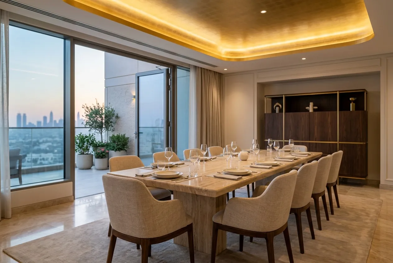 A luxury dining room featuring a stone table, elegant chairs, and a gilded cove ceiling overlooking a terrace
