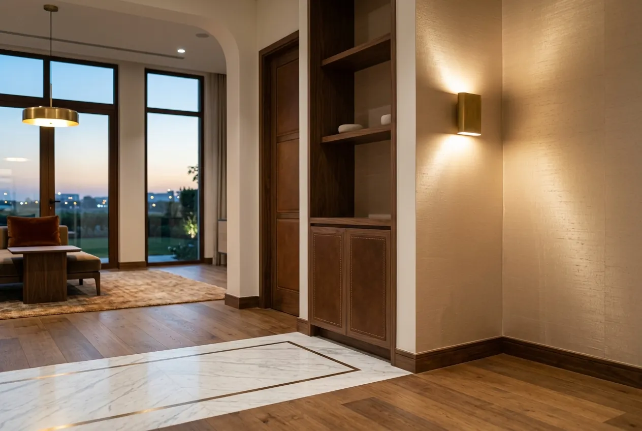 Elegant hallway featuring a marble floor inlay with metallic border, wooden built-ins, and textured wall coverings